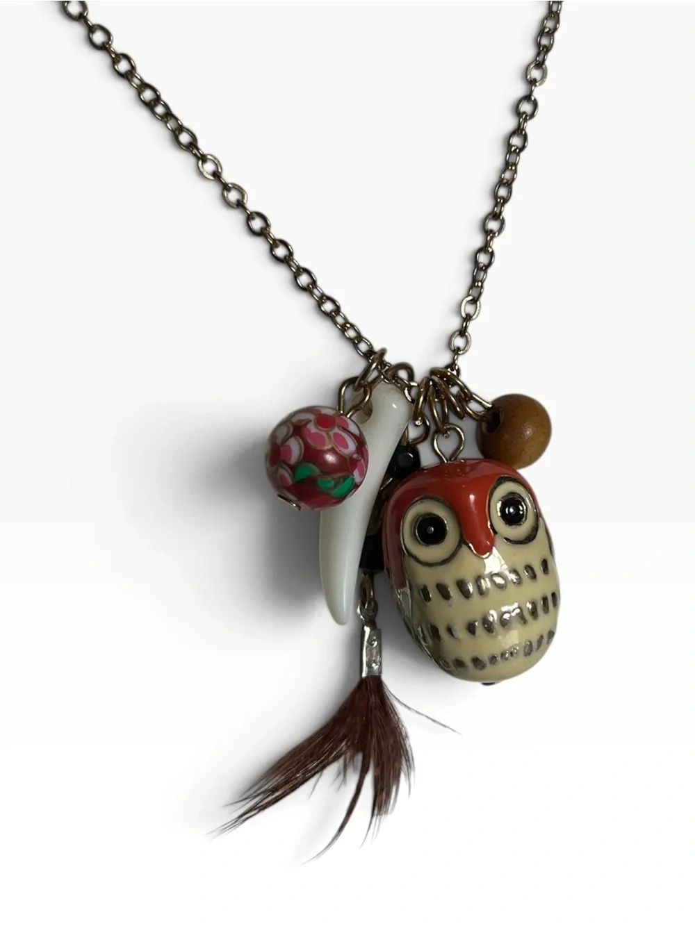 Vintage Enamel Owl Feather Charm Necklace CC X